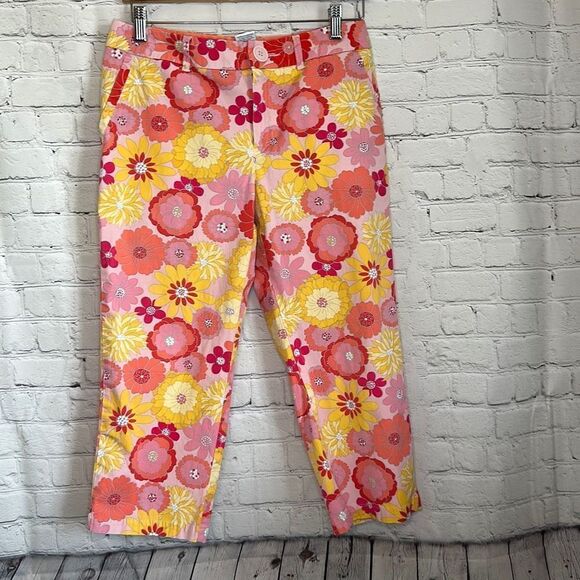 Izod Petite Stretch Women’s Pink Yellow Floral Cropped Pants size 10P - Picture 1 of 7